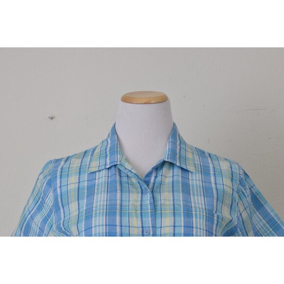 Vintage 90s White and Blue Cotton/Poly Plaid‎ Button Down Blouse - Picture 5 of 10